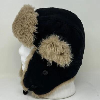 KB ETHOS Trapper Hat Men Black Quilt Lined Canvas Faux Fur Hunting Snowboard Cap — 第 1/4 张图片