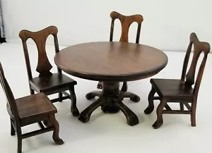 DOLLHOUSE MINIATURE WALNUT ARTISAN ROUND DINING TABLE & 4 CHAIRS~HOYT 1979 - Picture 1 of 10