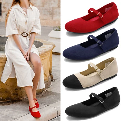 Women Knit Foldable Mary Jane Ballet Flat Shoes Arch Support Office Work Shoes - Image 1 of 4