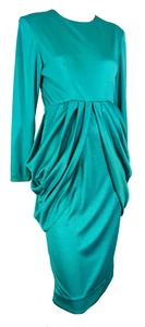 Vintage 70s Luci Fellini Poly Sheen Teal Kitch Sexy Draped Cocktail Dress XS - Picture 1 of 6