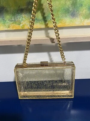 Lucite Box Purse Bag Clear Gold Rectangle Clutch Metal Chain Strap Vtg 50s 60s - Image 1 of 4