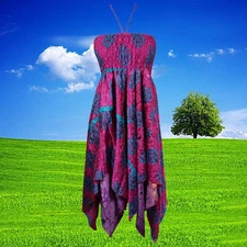Women's Floral Halter Dress, Pink Bohemian Recycle Silk Summer Travel Dresses SM