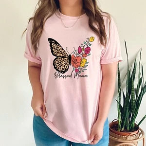 Blessed Mama Retro Mother's Day Groovy Mom Butterfly Flowers Unisex T-Shirt - Picture 1 of 24
