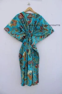 Indian Cotton Loose Short Sleeves Mukat Print Turquoise Free Size Caftan Maxi - Picture 1 of 6