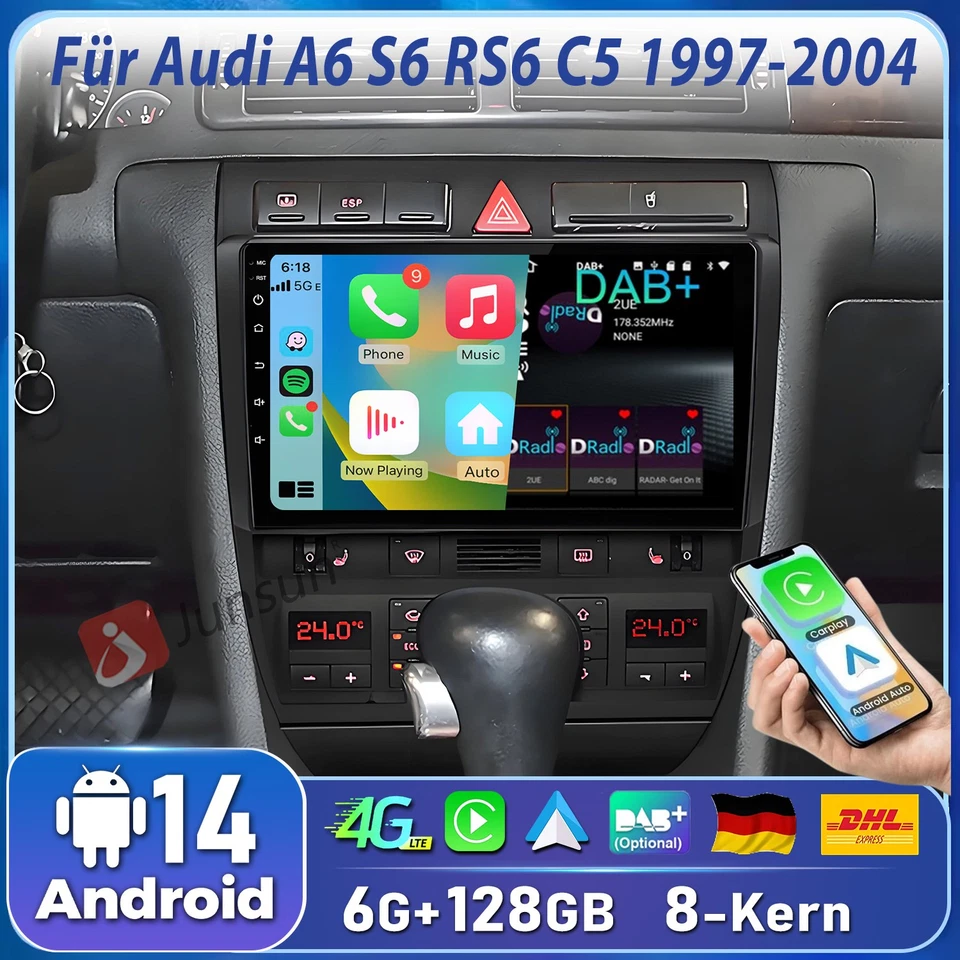 DAB+ 6+128G Android 14 Carplay Für Audi A6 S6 RS6 C5 1997-2004 Autoradio GPS SWC - Bild 1 von 4