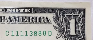 Billete de $1 elegante número de serie TRINARY Quad 1111 casi doble cuádruple - C 11113888 D - Imagen 1 de 3