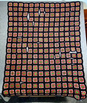 Handmade Crochet Granny Square Afghan Throw Blanket Black Red Green Gray Cutter - Image 1 of 4
