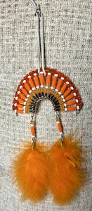 Native American Beaded Indian Headdress w/ Feathers Hand Made Orange and White - Picture 1 of 6