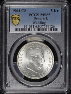 1964 CS Dänemark Silber 5 Kronen Hochzeit KM#854 PCGS MS-65 - Bild 1 von 2