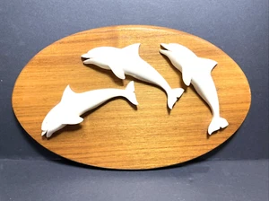 Genuine Black Walnut Newport CA Bonetics Inc Wood Plaque 3 Resin Dolphins - Picture 1 of 8