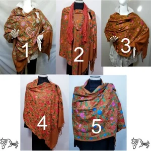 Zimtbraun Bestickt Kaschmir 100% Wolle Schal Poncho Halstuch Quasten Pashmina - Bild 1 von 24
