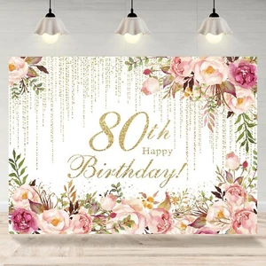 Happy 80th Birthday Backdrop for Women Flowers Photography Background 80th Birth - Picture 1 of 7