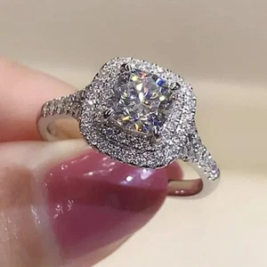 3 Ct Cushion-Cut Moissanite Double Halo Engagement Ring 14K White Gold Plated - Picture 1 of 5