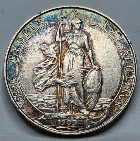 BRITAIN ENGLAND UK Florin 2 Shillings 1903 XF Edward VII Silver Scarce Blue #C44 Cover