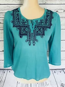 Camicetta donna Angie piccola blu maniche 3/4 scollo a V blu nera ricamo cotone - Foto 1 di 9