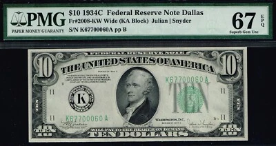 TOP POP NOTE. $10 1934C Dallas FRN.  PMG 67 EPQ. POP: 5/0 - Image 1 of 2