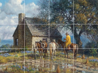 Spring Country Old Western Escena con Vaquero Cabaña Azulejo Cerámico Mural Salpicadero Foto 1 de 4