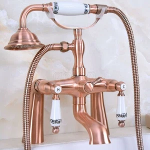 Antique Copper Deck Mount Clawfoot Bath Tub Filler Faucet W/ Hand Shower Sprayer - Picture 1 of 7