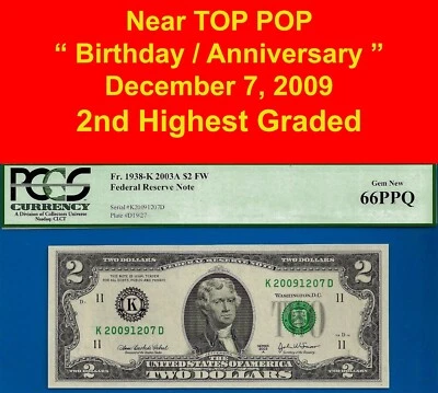 2003A $2 Federal Reserve Note PCGS 66PPQ 2nd highest graded KD blocK K20091207D - Image 1 of 4