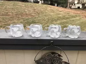 4 Vintage Nestle Coffee Cups Etched Clear Glass World Globe Map Mugs - Picture 1 of 4