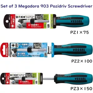 Set of 3 Vessel Megadora 903 Pozidriv Screwdriver PZ1x75, PZ2x100, PZ3x150 Japan - Picture 1 of 9