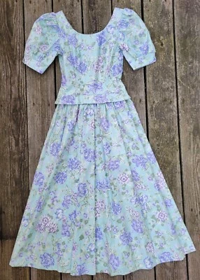 Vestido de té de algodón vintage años 80 Laura Ashley manga abullonada azul pastel floral XS 6 Foto 1 de 4