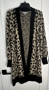 Cárdigan plumero largo jaspeado reunido talla M negro estampado de leopardo para mujer suave acogedor - Imagen 1 de 6