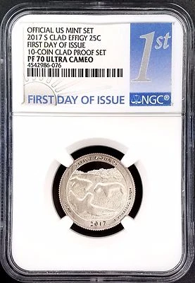 2017 S Proof Clad Effigy Mounds Quarter, NGC PF 70 Ultra Cameo, 1st Day of Issue - Image 1 of 4