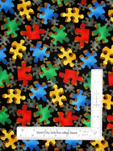 Autism Awareness Fabric Multi Color Puzzle Pieces Black Cotton QT By The Yard - Picture 1 of 1