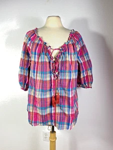 Sundance zartes rosa blau kariertes Top Gr. L Rüschen Tunnelzug Ausschnitt 3/4 Ärmel - Bild 1 von 12