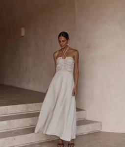 Vestido midi halter blanco Flow Dissh talla 8/US 4 100 % lino - Imagen 1 de 16