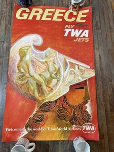 Vtg 50s 60s Greece Fly TWA Jets David Klein Airline Travel Original Poster - Picture 1 of 11