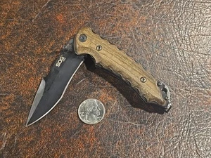 SOG Kiku 3.5" Folding Knife 3.5" Tanto Black Blade, Green Linen Micarta Handle - Picture 1 of 2