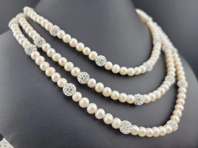 ✨ Слоистый 3Strand пресноводный жемчуг кристалл мяч бусина из чистого серебра 19» ожерелье - Изображение 1 из 4