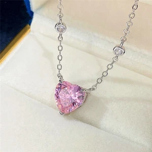 Silver Plated Padparadscha Sapphire & Zircon Studded Heart Shape Pendant - Picture 1 of 7