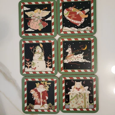 КОНФЕТНЫЕ ПАЛОЧКИ Pimpernel набор из 6 винтажных рождественских тематических деревянных подставок с пробковой подложкой - Изображение 1 из 4