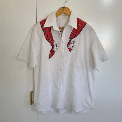 Vintage Bonus Womens 16 Cotton Shirt 80's Embroidered Tartan Dalmatian xmas - image 1 of 4