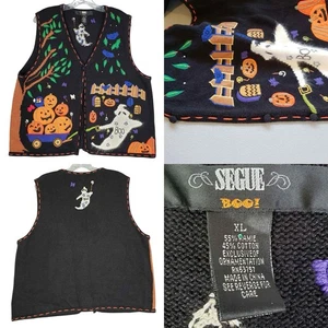 Chaleco Suéter Vintage Segue Boo Halloween Talla XL Negro Tejido Fantasma Calabaza - Imagen 1 de 10