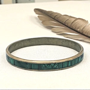 Brazalete Brazalete Latón Malaquita Vintage Incrustación Verde Piedra Natural Joyería - Imagen 1 de 6