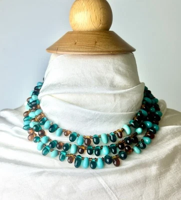 Beaded Necklace Vintage Bohemian Amber Blue Glass 24 Inches Foto 1 de 4