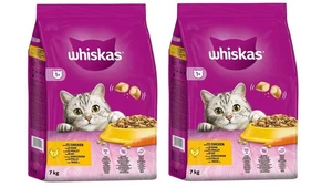 2 x 7 KG Whiskas 1+ Adult Complete Dry Cat Food Chicken Bulk Pack Cat Biscuits - Picture 1 of 8