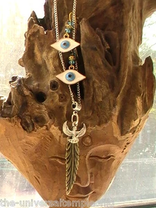 EGPYTIAN ISIS WINGS NECKLACE AND OSIRIS EYE EARRINGS SOUL MATES LOVERS palm leaf - Picture 1 of 12
