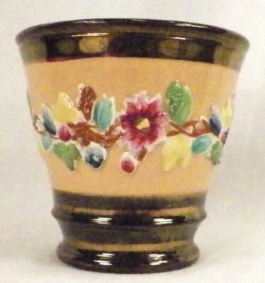 Antiguo vaso de cobre brillo banda amarilla flores coloridas una belleza Foto 1 de 4