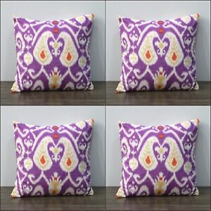 Purple Ikat 4 Pcs Set Square Pillow Indian Screen Print Sofa Décor Cushion Cover
