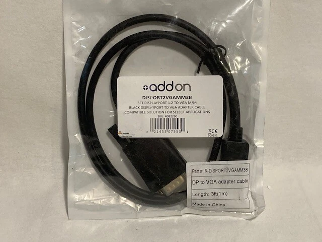 Addon 3' DisplayPort to VGA Adapter Cable, Black - NEW - FAST FREE SHIPPING - Image 1 of 1
