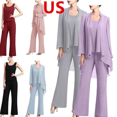 Women Outfit Pant Suit Wedding Guest 3 Piece Chiffon Formal Evening Party Set - Image 1 of 4