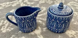 NWT BIA International Blue Glazed Creamer + Sugar Bowl Set of 2 Scroll Texture - Picture 1 of 4