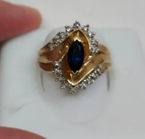 Blue stone RING with accent DIAMONDS - 10K - J J - pre-owned - Size 8 - Picture 1 of 15