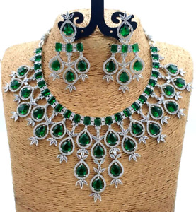 Green AD CZ Bollywood Indian Wedding Traditional Semi Bridal Necklace Earrings