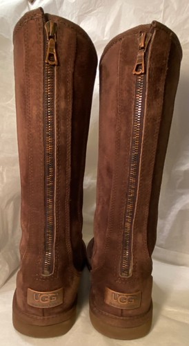 Stivali Ugg Australia Knightsbridge alti marroni con zip taglia 6 rari hardware logo in metallo